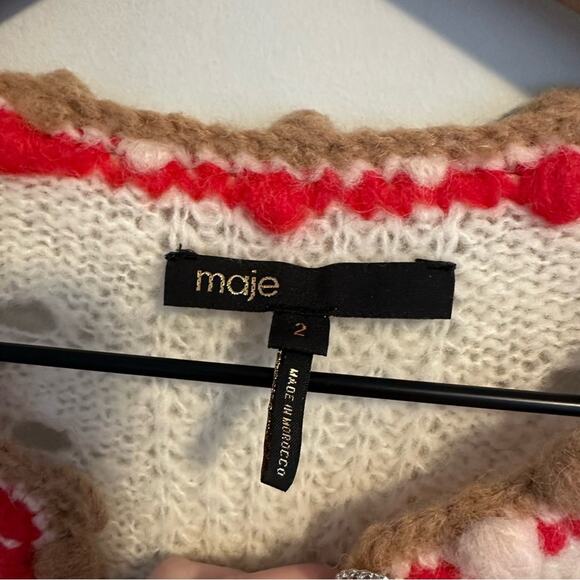 Maje White Red Brown Eyelet Alpaca Wool Cardigan Sweater 2 Medium - Picture 15 of 15